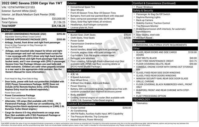 2022 GMC Savana Cargo RWD 2500 Regular Wheelbase Work Van