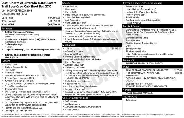 2021 Chevrolet Silverado 1500 4WD Crew Cab Short Bed Custom Trail Boss