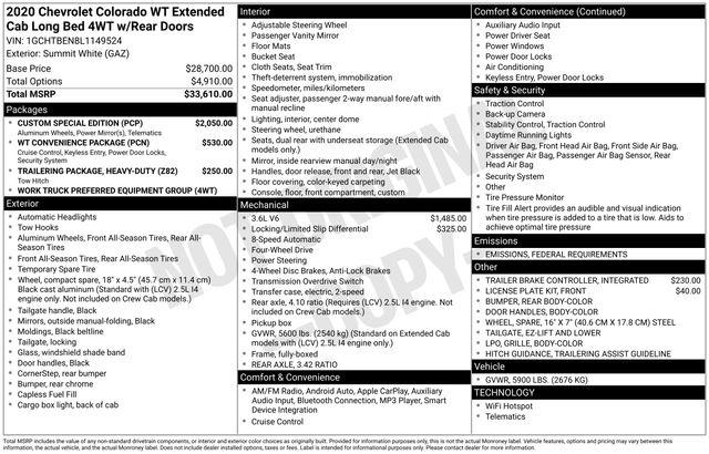 2020 Chevrolet Colorado 4WD Extended Cab Long Box WT