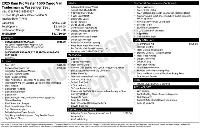 2025 RAM Ram ProMaster RAM PROMASTER 1500 TRADESMAN CARGO VAN HIGH ROOF 136 WB
