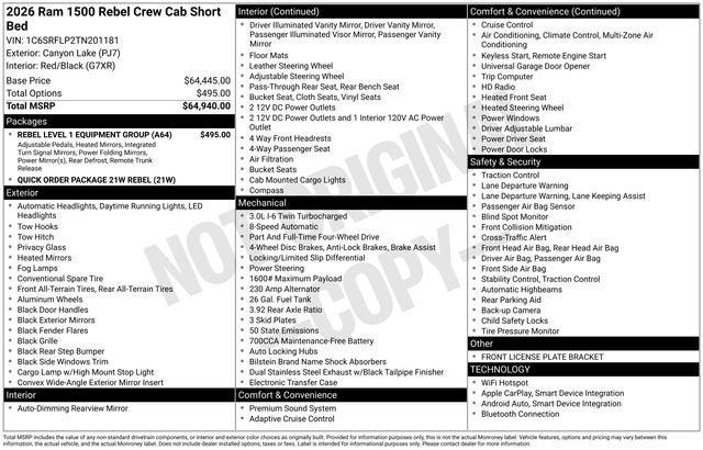 2026 RAM Ram 1500 RAM 1500 REBEL CREW CAB 4X4 57 BOX