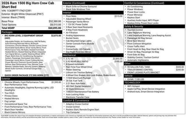 2026 RAM Ram 1500 RAM 1500 BIG HORN CREW CAB 4X4 57 BOX 2026 RAM Ram 1500 RAM 1500 BIG HORN CREW CAB 4X4 57 BOX