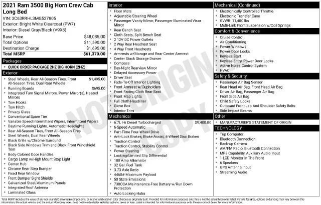 2021 Ram 3500 Big Horn Crew Cab 4x4 8 Box