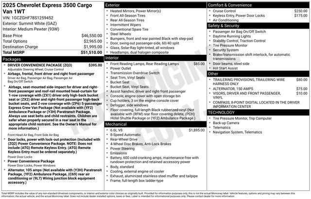 2025 Chevrolet Express Cargo Van RWD 3500 Extended Wheelbase WT
