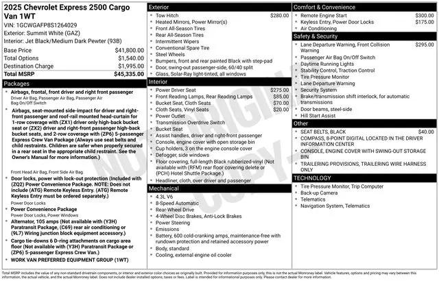 2025 Chevrolet Express Cargo Van RWD 2500 Regular Wheelbase WT