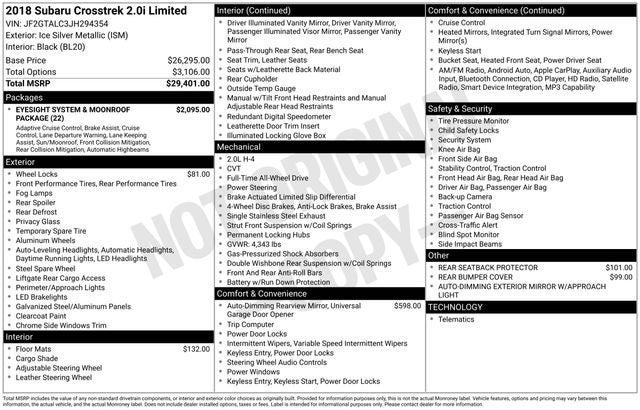2018 Subaru Crosstrek 2.0i Limited 2018 Subaru Crosstrek 2.0i Limited