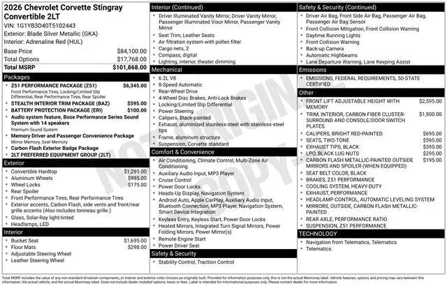 2026 Chevrolet Corvette Stingray Convertible, 2LT, RWD