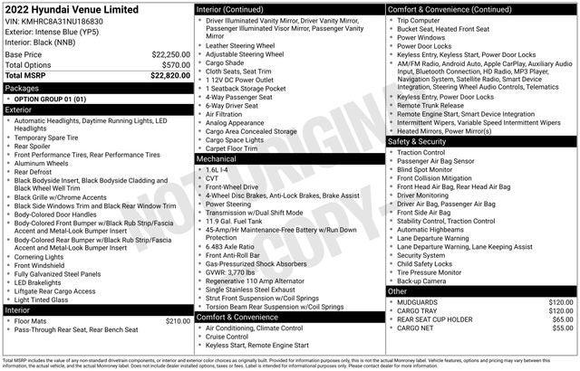 2022 Hyundai Venue Limited 2022 Hyundai Venue Limited
