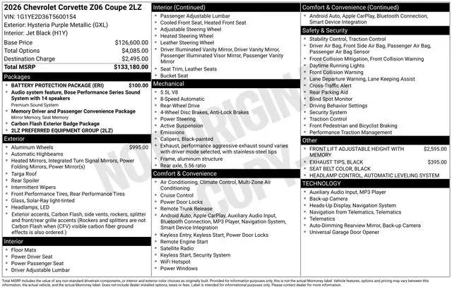 2026 Chevrolet Corvette Z06 Coupe, 2LZ, RWD