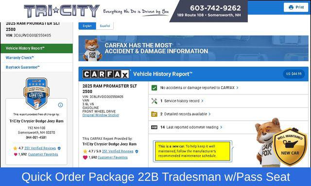 2025 RAM ProMaster 2500 Cargo Van Tradesman High Roof 159 WB w/Pass Seat
