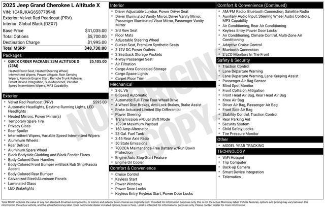 2025 Jeep Grand Cherokee GRAND CHEROKEE L ALTITUDE X 4X4 2025 Jeep Grand Cherokee GRAND CHEROKEE L ALTITUDE X 4X4