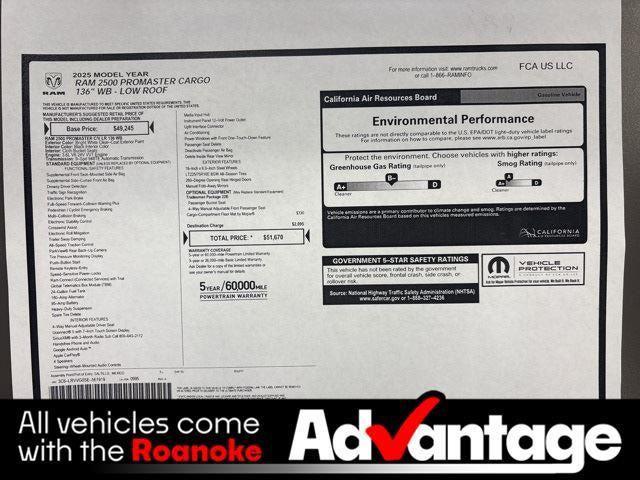 2025 RAM ProMaster 2500 Cargo Van Tradesman Low Roof 136 WB w/Pass Seat 2025 RAM ProMaster 2500 Cargo Van Tradesman Low Roof 136 WB w/Pass Seat