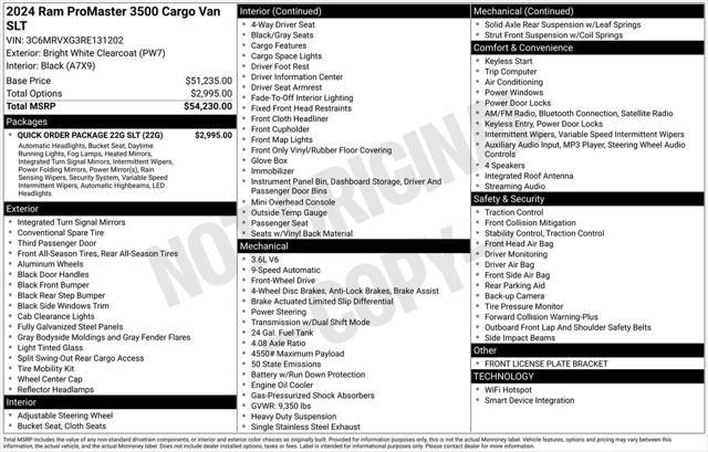 2024 RAM Ram ProMaster RAM PROMASTER 3500 SLT CARGO VAN HIGH ROOF 136 WB 2024 RAM Ram ProMaster RAM PROMASTER 3500 SLT CARGO VAN HIGH ROOF 136 WB