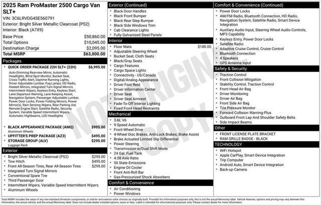 2025 RAM Ram ProMaster RAM PROMASTER 2500 SLT+ CARGO VAN HIGH ROOF 159 WB
