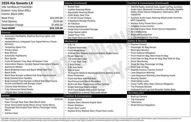 2026 Kia Sorento LX for sale in Boardman, OH