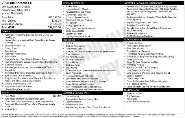 2026 Kia Sorento LX for sale in Boardman, OH