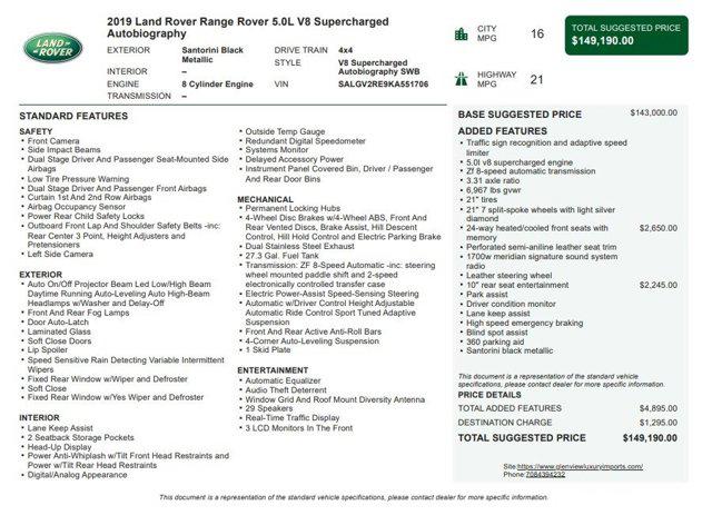 2019 Land Rover Range Rover 5.0L V8 Supercharged Autobiography 2019 Land Rover Range Rover 5.0L V8 Supercharged Autobiography