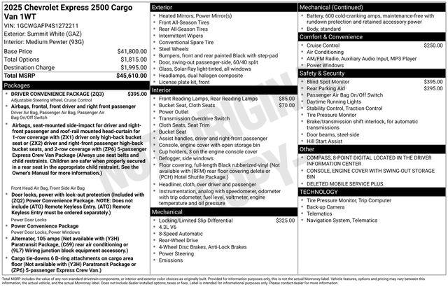 2025 Chevrolet Express Cargo Van RWD 2500 Regular Wheelbase WT