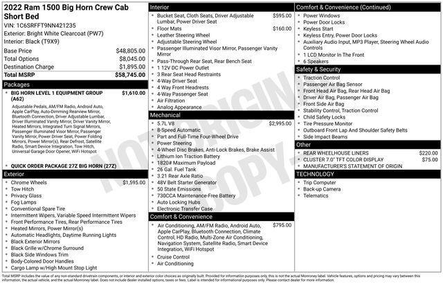 2022 RAM 1500 Big Horn Crew Cab 4x4 57 Box 2022 RAM 1500 Big Horn Crew Cab 4x4 57 Box