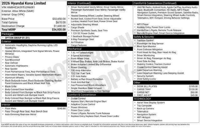 New 2026 Hyundai Kona Limited For Sale in Olive Branch, MS