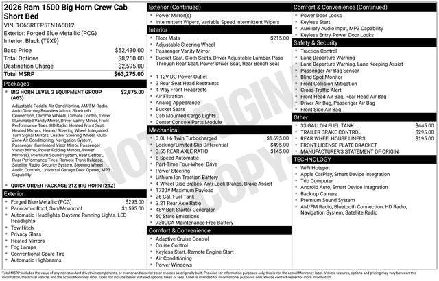 2026 RAM Ram 1500 RAM 1500 BIG HORN CREW CAB 4X4 57 BOX 2026 RAM Ram 1500 RAM 1500 BIG HORN CREW CAB 4X4 57 BOX
