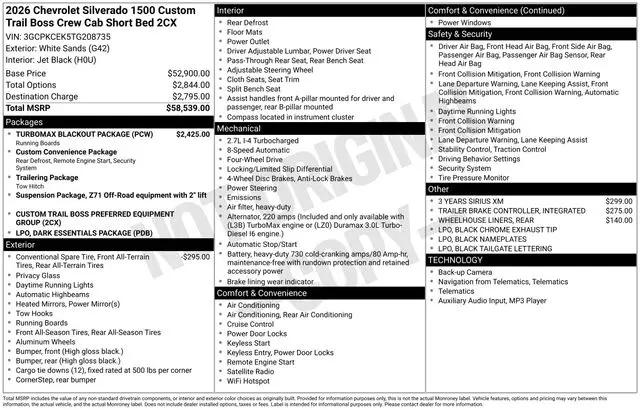 2026 Chevrolet Silverado 1500 4WD Crew Cab Short Bed Custom Trail Boss