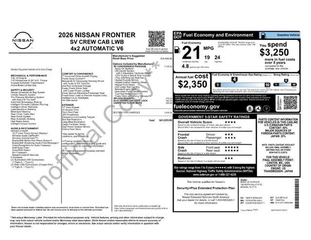 2026 Nissan Frontier Crew Cab Long Bed SV 4x2