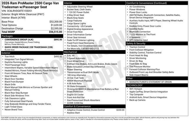 2026 Ram ProMaster 2500 Cargo Van Tradesman High Roof 159" WB w/Pass Seat