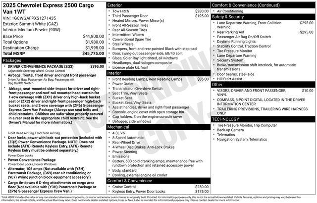 2025 Chevrolet Express Cargo Van RWD 2500 Regular Wheelbase WT