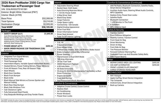 2026 RAM Ram ProMaster RAM PROMASTER 2500 TRADESMAN CARGO VAN HIGH ROOF 159 WB 2026 RAM Ram ProMaster RAM PROMASTER 2500 TRADESMAN CARGO VAN HIGH ROOF 159 WB