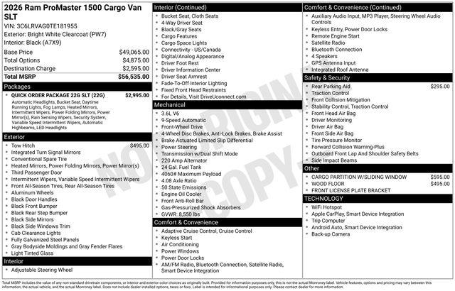 2026 RAM ProMaster 1500 RAM PROMASTER 1500 SLT CARGO VAN LOW ROOF 136 WB