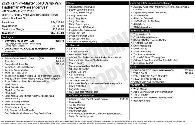 2026 RAM Ram ProMaster RAM PROMASTER 3500 TRADESMAN CARGO VAN HIGH ROOF 159 WB EXT