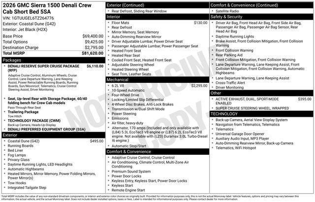 2026 GMC Sierra 1500 Crew Cab, Short Bed, Denali, 4WD