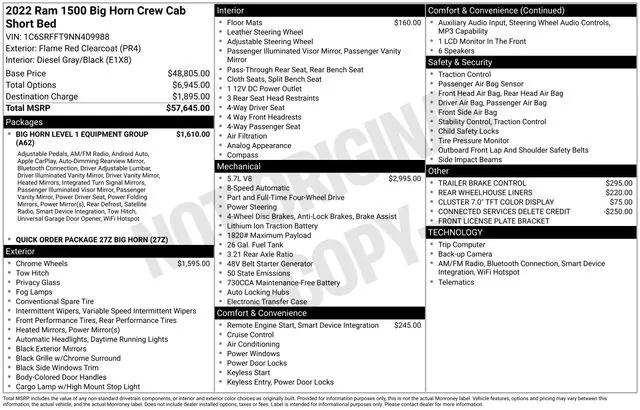 2022 RAM 1500 Big Horn Crew Cab 4x4 57 Box