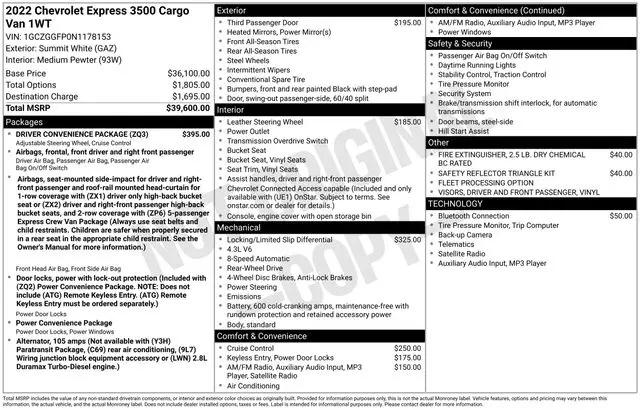 2022 Chevrolet Express Cargo Van RWD 3500 Regular Wheelbase WT