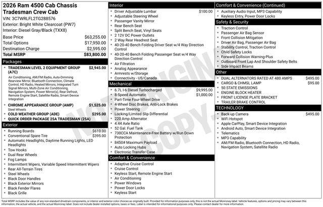 2026 RAM Ram 4500 Chassis Cab RAM 4500 TRADESMAN CHASSIS CREW CAB 4X4 84 CA