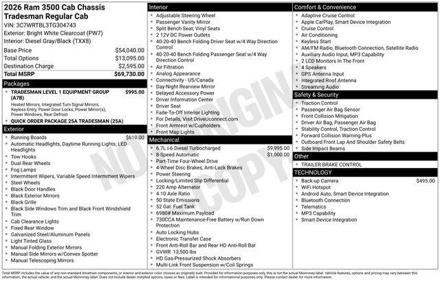 2026 RAM Ram 3500 Chassis Cab RAM 3500 TRADESMAN CHASSIS REGULAR CAB 4X4 84 CA