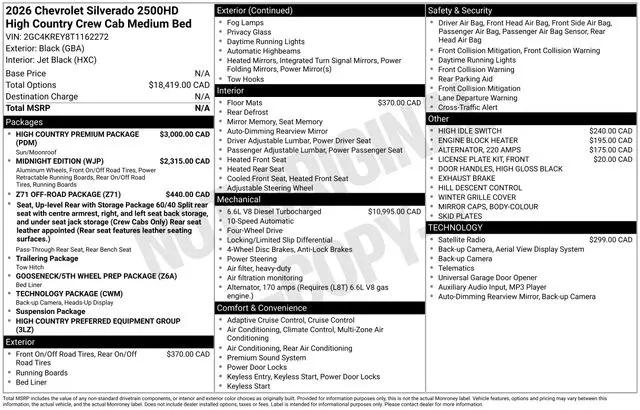2026 Chevrolet Silverado 2500HD Crew Cab, Standard Bed, High Country, 4WD
