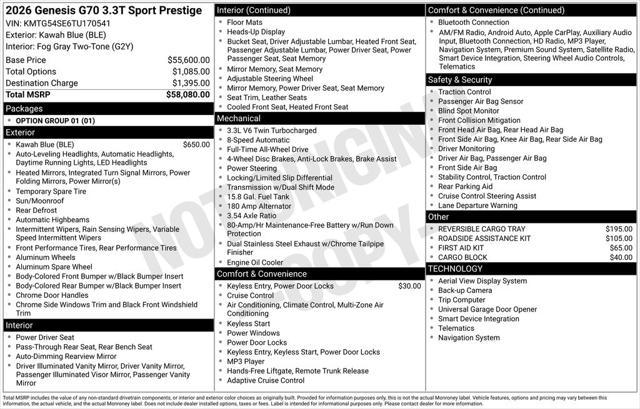 2026 Genesis G70 3.3T AWD Sport Prestige
