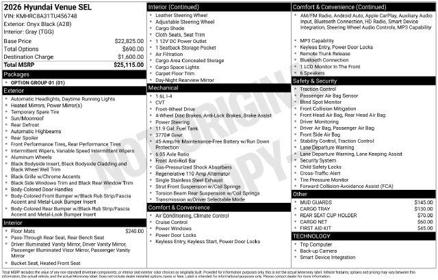 New 2026 Hyundai Venue SEL For Sale in Olive Branch, MS