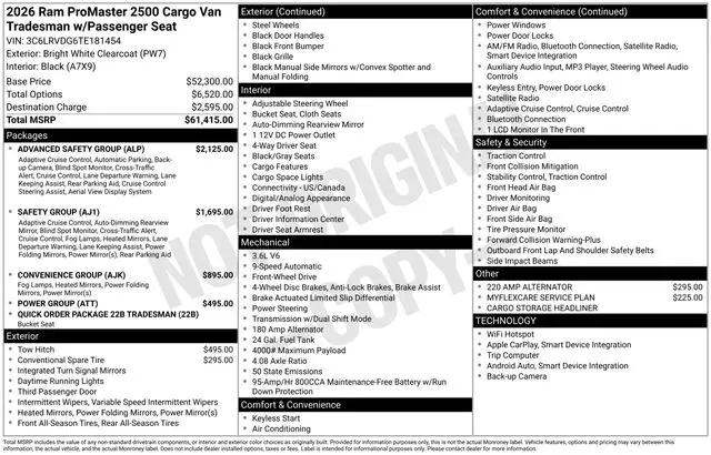 2026 Ram ProMaster 2500 Cargo Van Tradesman High Roof 159" WB w/Pass Seat