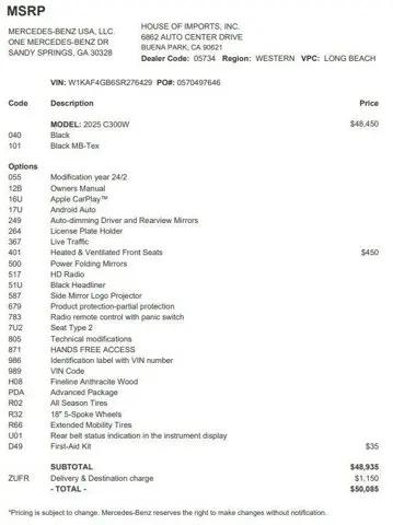 2025 Mercedes-Benz C-CLASS C 300 C 300