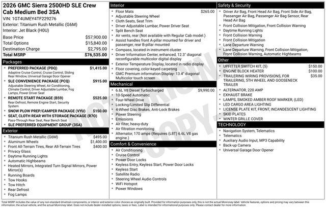 2026 GMC Sierra 2500HD Crew Cab, Standard Bed, SLE, 4WD