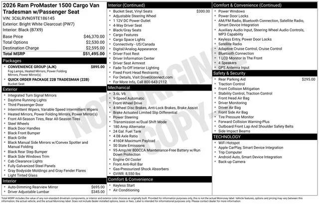 2026 RAM Ram ProMaster RAM PROMASTER 1500 TRADESMAN CARGO VAN LOW ROOF 118 WB