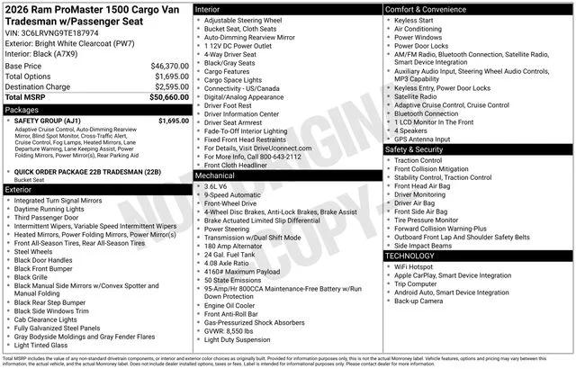 2026 RAM Ram ProMaster RAM PROMASTER 1500 TRADESMAN CARGO VAN LOW ROOF 118 WB