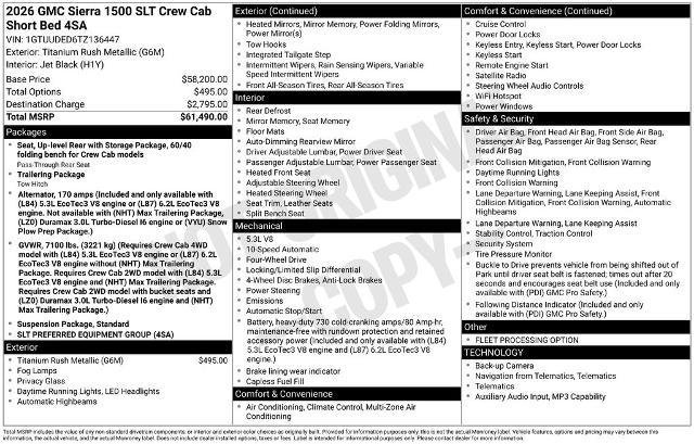 2026 GMC Sierra 1500 Crew Cab, Short Bed, SLT, 4WD