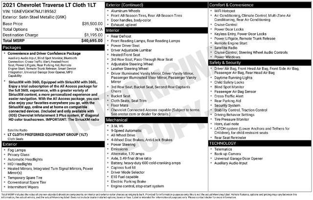 2021 Chevrolet Traverse AWD LT Cloth