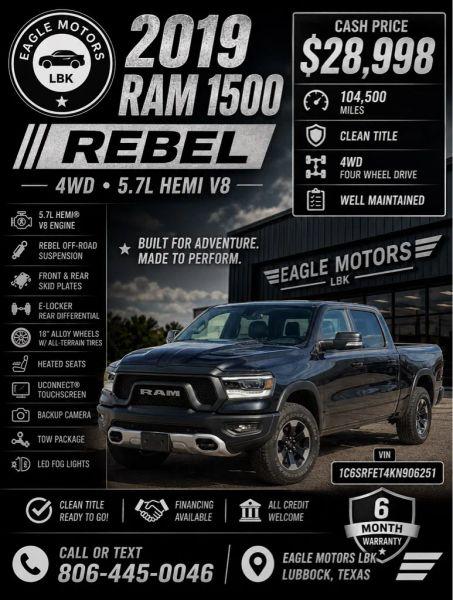 2019 Ram 1500 Rebel Quad Cab 4x4 64 Box for sale in Lubbock, TX