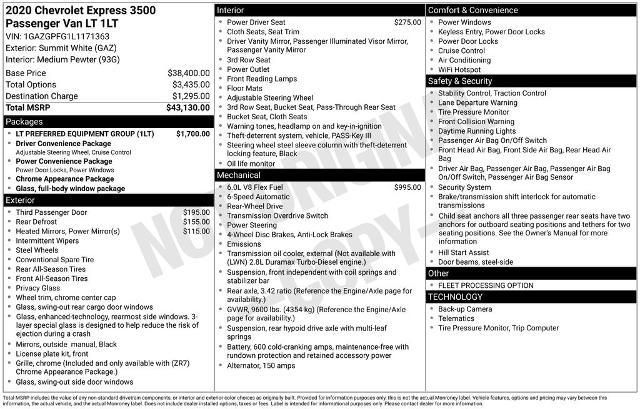 2020 Chevrolet Express Passenger RWD 3500 Extended Wheelbase LT