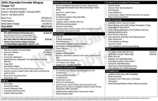 2026 Chevrolet Corvette Stingray Coupe, 1LT, RWD